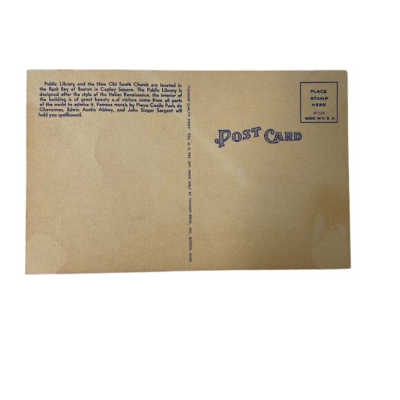 Vintage Postcard Public Library & New Old South Church Boston Mass Tichnor Quali - Picture 4 of 6